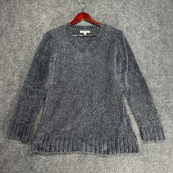 Orvis Sweater Womens Small Blue Chenille Knit Long Sleeve Split Hem V Neck - Picture 1 of 8